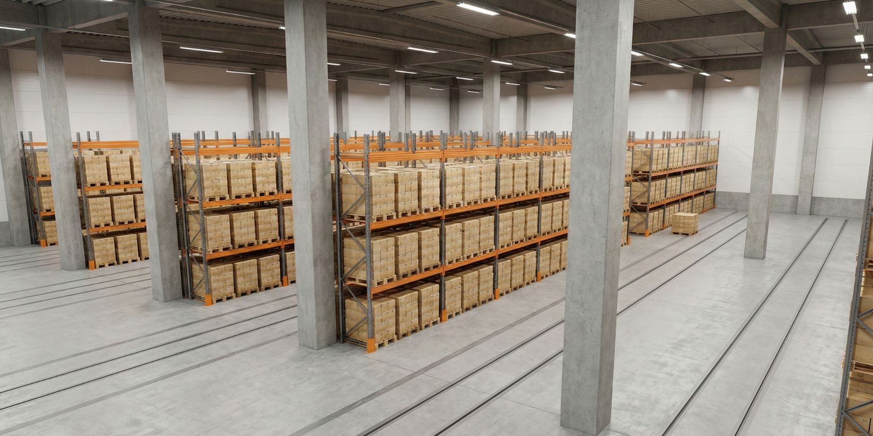 Innenansicht einer modernen Logistikhalle mit einem Standard-Stützenraster aus Beton, zwischen denen Palettenregale effizient angeordnet sind. Der Boden zeigt Fahrspuren für Flurförderzeuge